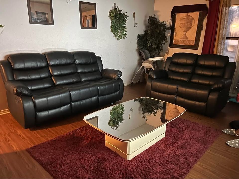 Brand New Black Leather Recliner Sofa + Loveseat W/ Cup Holders 