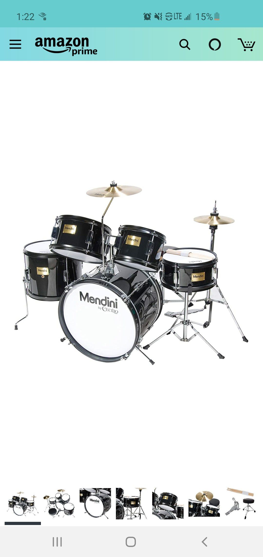 Mendini by Cecilio 16 inch 5-Piece Complete Kids/Junior Drum Set with Adjustable Throne, Cymbal, Pedal & Drumsticks, Metallic Black, MJDS-5-BK