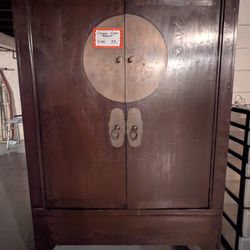 Asian Inspired Armoire Brass Hardware Stained Wood Excellent 