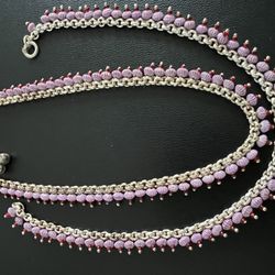 Silver Anklets With Pink And Purple