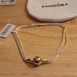 Pandora Authentic Brand New Sterling Silver 7.9 Triple Chain Signature Bracelet With Pouch  Firm
