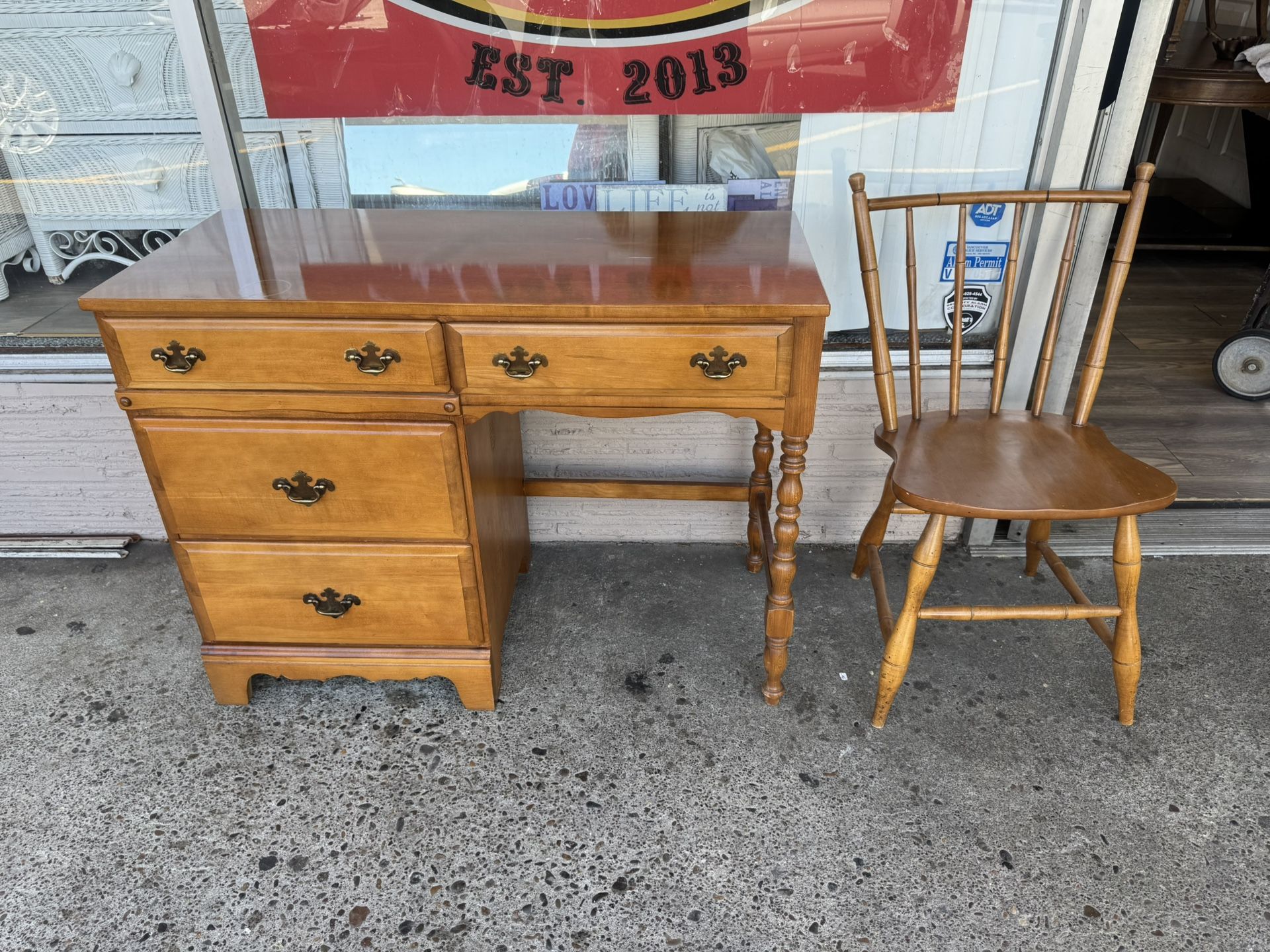 Vintage Solid Wood Desk & Chair Set – 4 Drawers | Dovetail Construction | Turned Legs