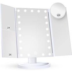  Makeup Mirror Vanity Mirror with Lights, 2X, 3X, 10X Magnification, Touch Control, Trifold, White, 9.4"L x 13.4"W, Modern Style, Dresser Mount, Bathr