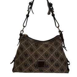 Dooney & Bourke Brown Canvas Leather Trim DB Printed Zipper Hobo Shoulder Bag