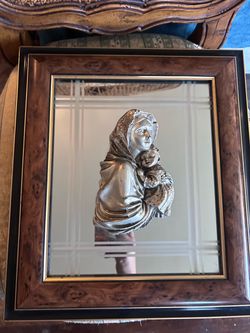 “Madonna and Child Relief” Mirror in Burl Wood Frame