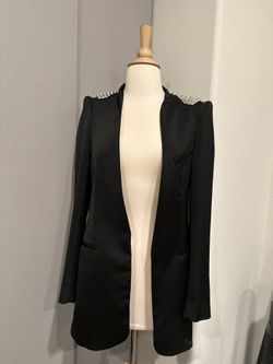 Zara Black Long Blazer with Silver Studded Pad Shoulders