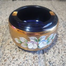Czech Bohemian Glass Ashtray Cobalt Blue Glass Hand Painted Dish 