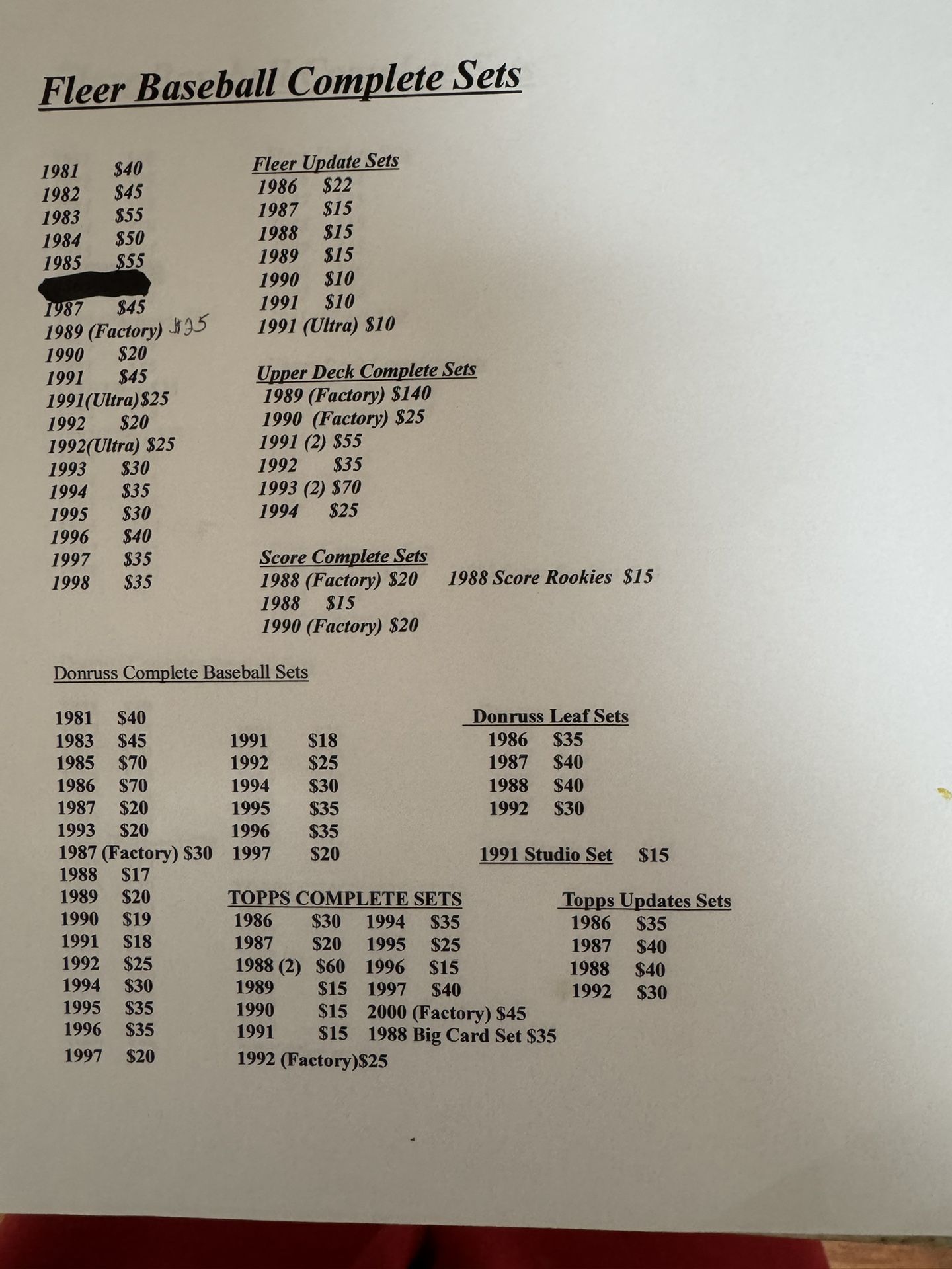 New List of factory sealed and Hand Collated Complete Baseball Card Sets, Plus Traded and Update sets.