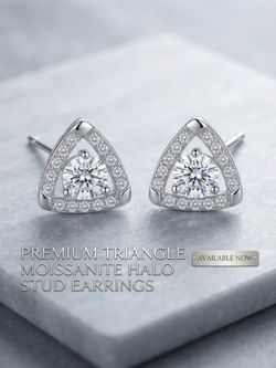 New Triangle Moissanite Diamond Halo Stud Earrings – Silver Plated