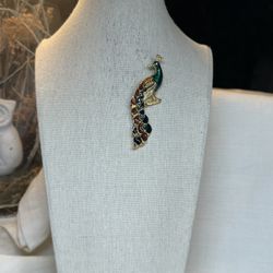 Multicolored Enamel Peacock Brooch
