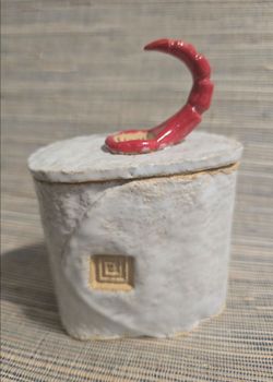4" tall Handmade Ceramic Lidded Jar with Scorpion tail Handle