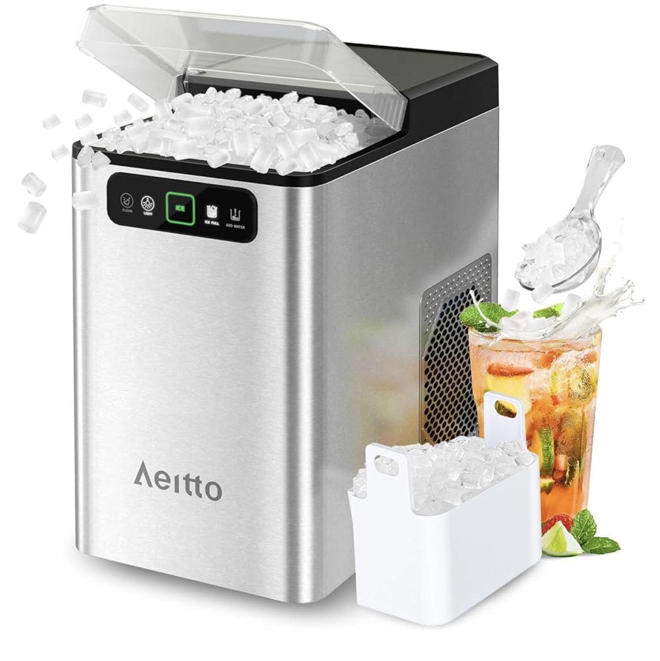Aeitto Nugget Ice Maker 40Lbs/24H, Countertop Soft Chewable Ice Pebble Ice Machine, One-Click Operation, Auto Self-Cleaning Ice Makers with Scoop&Bask