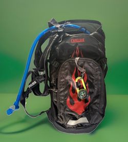 CamelBak Hydration Backpack Black Red Flames with Reservoir Tube Compass