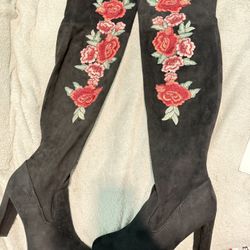 TIBBIE WC Black Floral Over-the-Knee Boots - Size 11