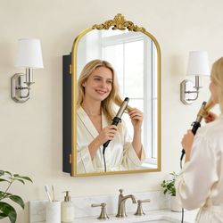 24"x16" Gold Vintage Bathroom Medicine Cabinet with Mirror, Wall Mounted Recessed/Surface Mount Storage Cabinet, Black Metal Frame, Easy Installation 