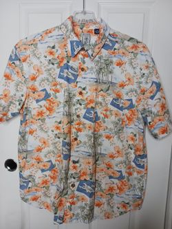 Roundtree & Yorke Men's Shirt Xl Hawaiian Print Coastal Cotton Button Up Tropica