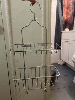 Chrome, Resistant, 2 Tier Contoured Caddy, Over The Shower Head, Rust Proof, Bathroom Organizer with Hooks for Hanging Razor, Sponge, Shampoo Holder