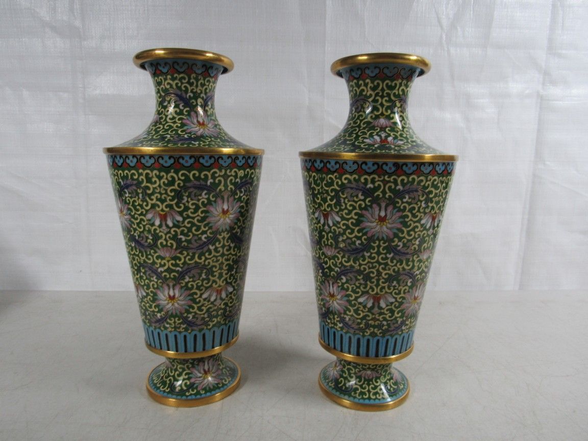 Cloisonne Enamel Solid Brass Asian Floral Themed Vases Pair 10" Tall