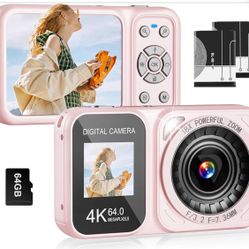 New-Digital Camera, 4K 64MP Dual Screens Camera, 18X Zoom, Point and Shoot Digital Camera with 64GB SD Card & 2 Batteries, Portable Rechargeable Small