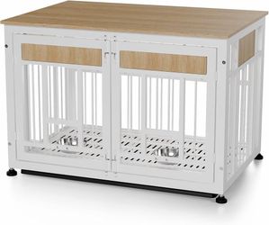 2179a  Heavy Duty Dog Crate Furniture for Large Dogs, Decorative Pet House End Table with 2 Feeder Bowls, 42.9 Inch Large Wooden Cage Kennel Furniture
