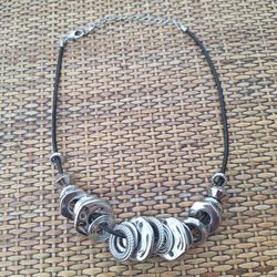 Chicos Statement Necklace Hammered Textured Metal Discs Silver Tone & Black Modern