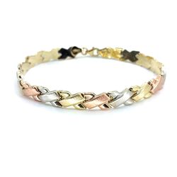 10K Tricolor Gold Satin X Bracelet | 7.25 Inches, 6.5mm, 4.40 grams