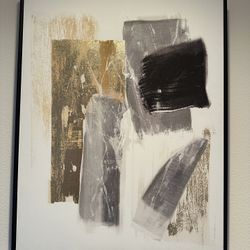 Modern Framed Abstract Wall Art – Gold, Gray & Black – 28" x 22"