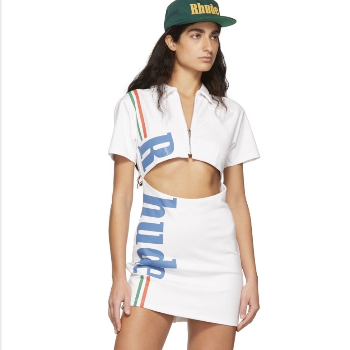 RHUDE MINI DRESS WHITE WITH BLUE LOGO SIZE LARGE