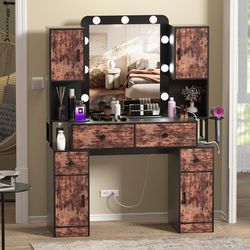 Large Vanity Set With LED Lights And Charging Station,Vanity Desk With Mirror And Lights,Makeup Vanity Dressing Table With Storage Shelves