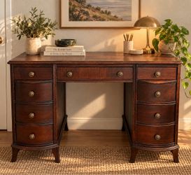 Vintage Solid Wood 7-Drawer Writing Desk – Curved Drawers