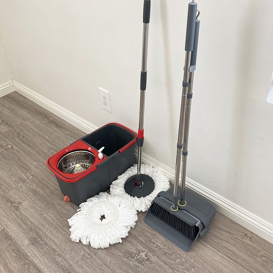 $30 (Brand New) Broom Dustpan and Spin Mop Set Extended Handle w/ 2pc Microfiber Replacements