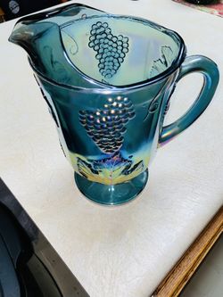 VTG Indiana Harvest Blue Carnival Glass ( Glassware ) LARGE Water Pitcher W/ Grapes & Leaves Pattern
