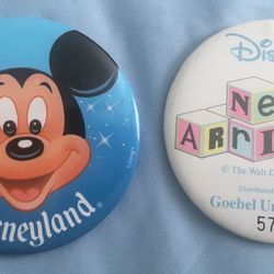 2 Disney Pin Back Buttons: Disneyland Mickey Mouse & Disney’s New Arrivals