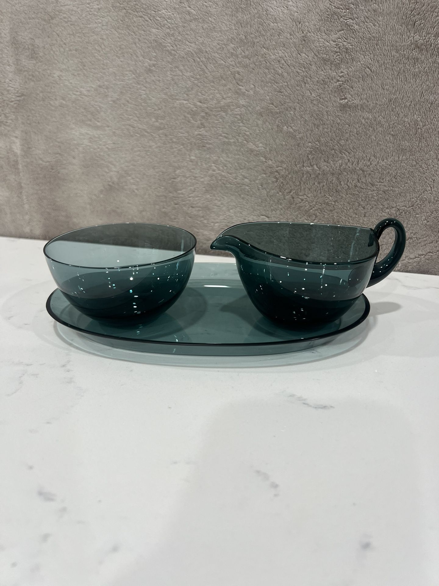 Vintage Three Piece Set Of Blue Glass Open Sugar Creamer And Tray