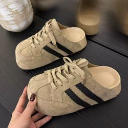 2026 New Spring Summer Fashion Korean Style Lace-up German Training Shoes | Casual Versatile Height-increasing Soft Sole Closed-toe Mules, Polyurethan
