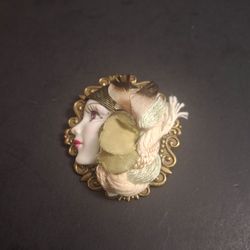Art Deco Revival Flapper Lady Face Brooch Ornate Cloche Style Hat W/Metallic Threads, Fibers & FeathersOn Brass Tone Frame Vintage 80's 2.25"x1.75"
