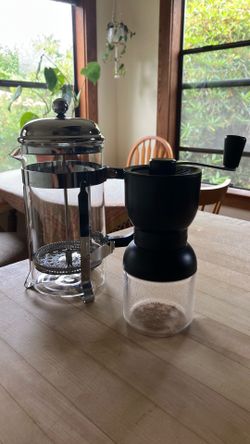 French press + coffee bean grinder
