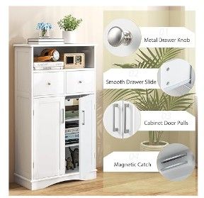 Giantex Bathroom Floor Storage Cabinet - Freestanding Storage Cabinet with 2 Doors, 2 Drawers, 2 Adjustable Shelves, Storage Organizer for Living Room