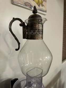 1950's Corning Brand Silver-plated Carafe Serving Pitcher Heat Proof Clear Glass