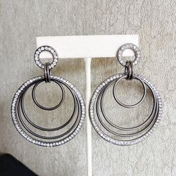 Hematite Gunmetal Hoop Dangle Earrings With Sparkly  Cz Stones