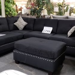 Brand New 104" x 75" Black Linen Reversible Sectional + Ottoman