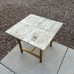 Travertine Tile Top Console Table w/ Brass Base