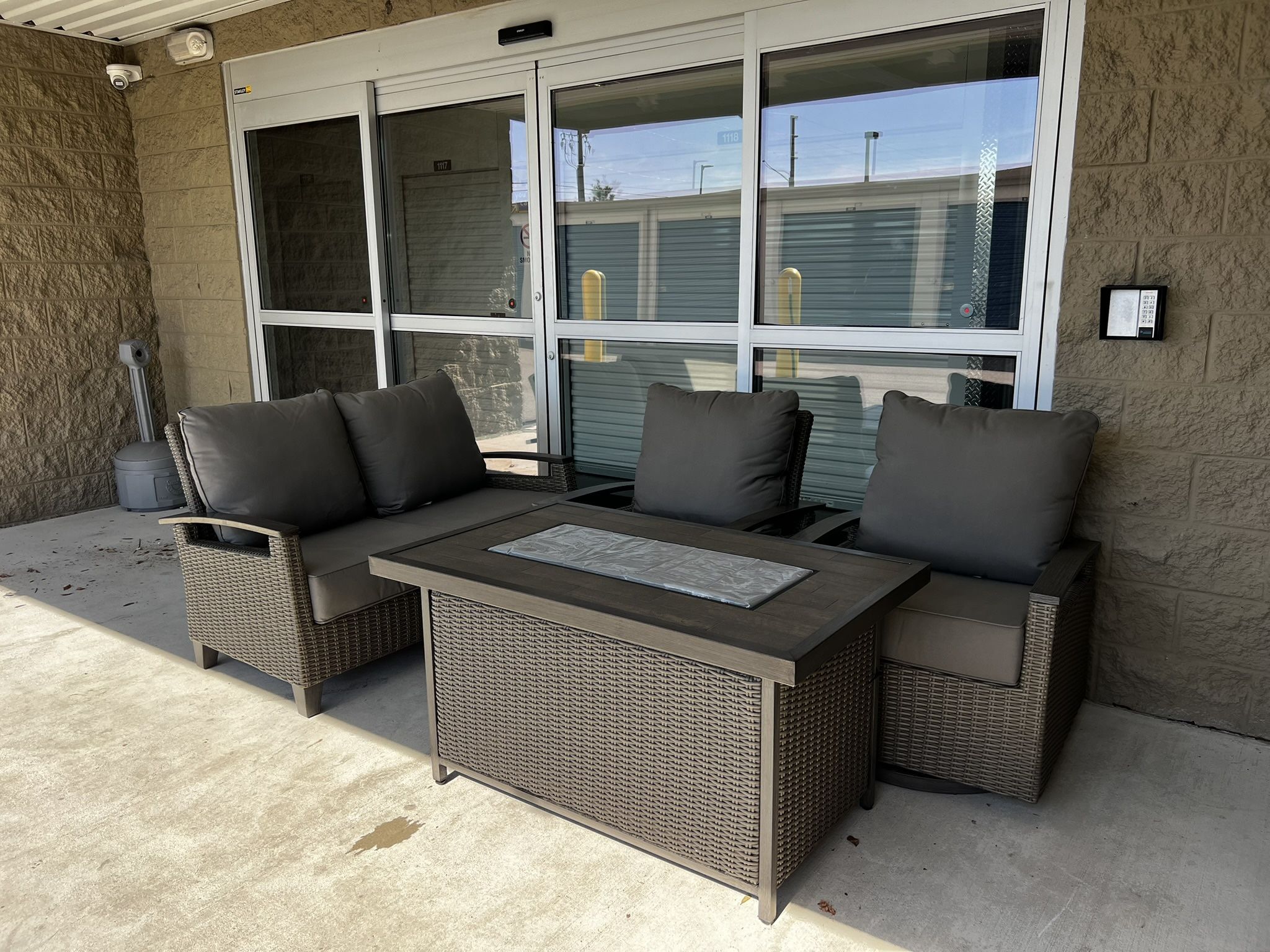 GRAND LEISURE LAS PALMAS 4 - PIECE FIRE OUTDOOR SEATING SET  {NEW CONDITION} RETAILS OVER $5K