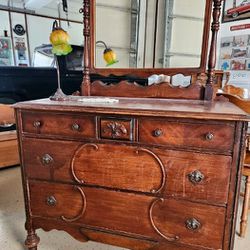 Antique Dresser And Mirror, And Hutch