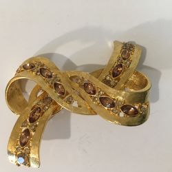 Gold And Pink Stones Now Brooch  2 1/5 X 2  1/5”  Liz  Claiborne  Used Excellent Condition