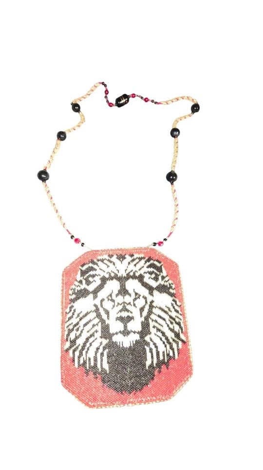 Handmade 20" Beaded Lion Medallion Necklace Tribal Style One of a Kind Art