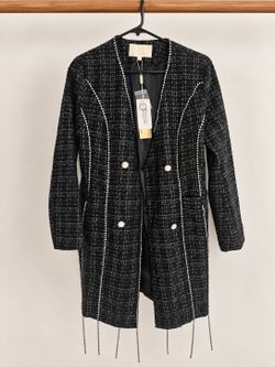 NWT Lizette Collection Black Tweed Rhinestone Crystal Long Jacket Coat Size L
