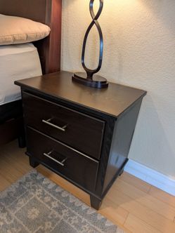 Modern Espresso 2-Drawer Nightstand – Bedside Table with Silver Hardware