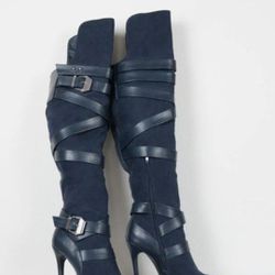 NEW JustFab Geraldine Black Faux Suede Strappy Buckle Stiletto Boots