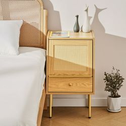 Bestco Rattan Nightstand, Boho End Table with Handmade Rattan Decorated Door
